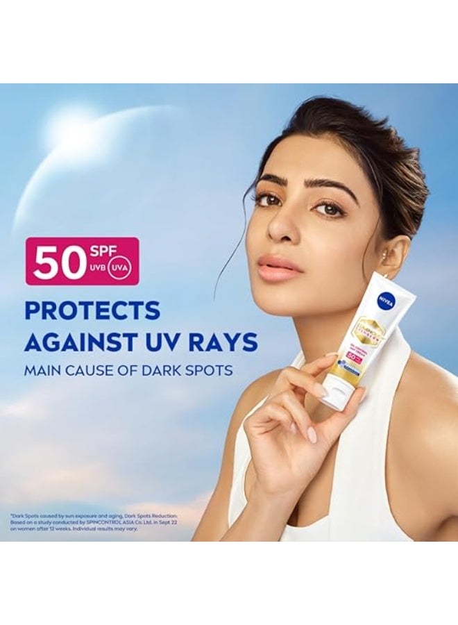 NIVEA Luminous Even Glow Oil Control Day Cream10ml  for face |SPF 50 with UV protection & UVA UVB filters | Thiamidol, Hyaluronic Acid, Vitamin E for Dark Spots Reduction & Deep Moisturization - Image 3